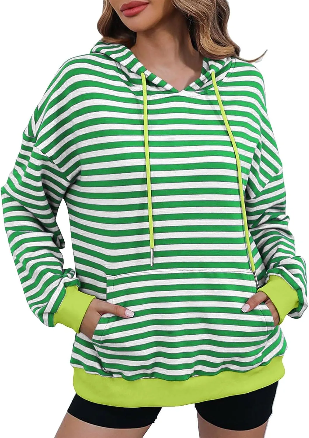 Hoodies for Women Striped Color Block Oversized Sweatshirt Drwastring Long Sleeve Fashion Pullover Sweater With Pocket