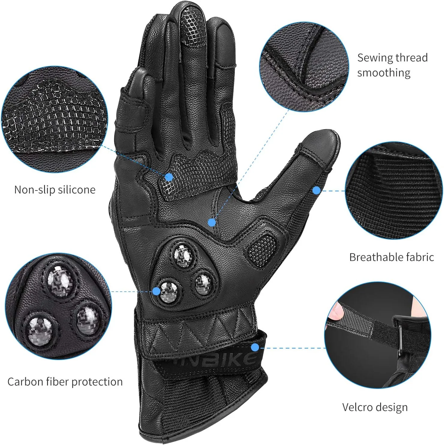 INBIKE Leather Motorcycle Gloves with Carbon Fiber Hard Knuckle Touch Screen for Women All Black X-Large