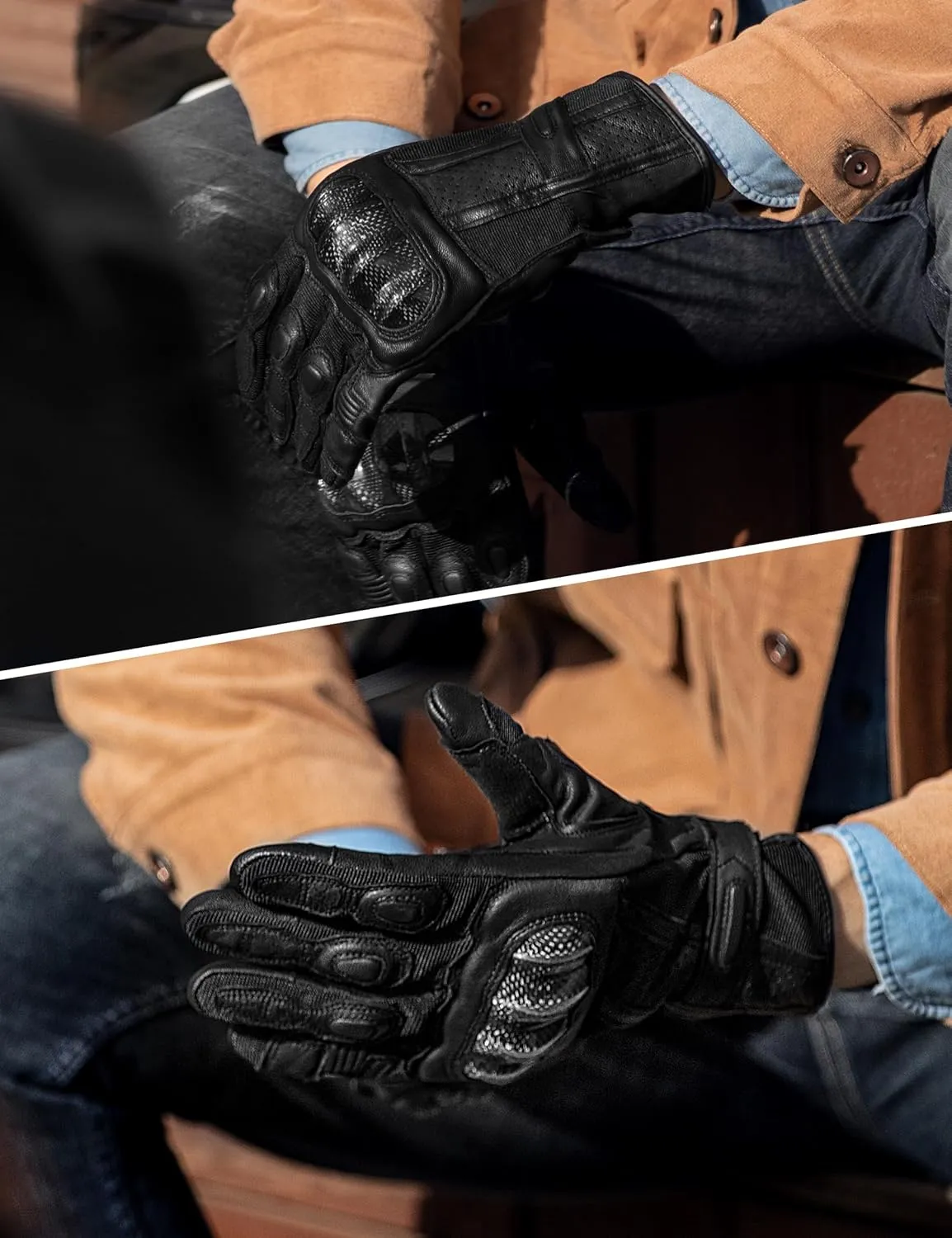 INBIKE Leather Motorcycle Gloves with Carbon Fiber Hard Knuckle Touch Screen for Women All Black X-Large