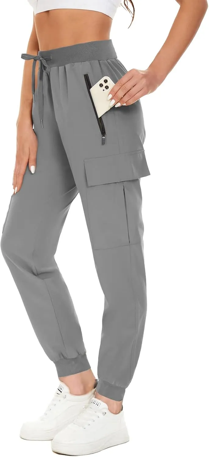 KINGFEN Womens Lightweight Quick Dry Elastic Waist Hiking Cargo Pants