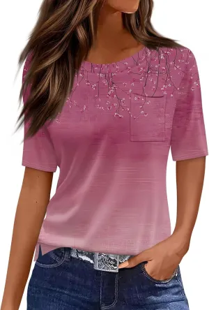 Ladies Tops and Blouses Short Sleeve T Shirts with Pockets Side Slit Crewneck Blouse Summer Clothes 2025