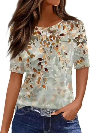 Ladies Tops and Blouses Short Sleeve T Shirts with Pockets Side Slit Crewneck Blouse Summer Clothes 2025