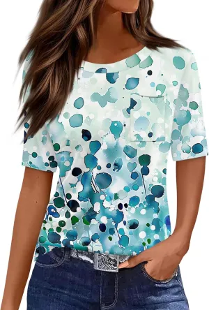 Ladies Tops and Blouses Short Sleeve T Shirts with Pockets Side Slit Crewneck Blouse Summer Clothes 2025