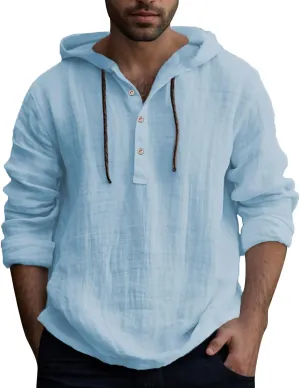 Linen Shirts for Men Lightweight Button Up Long Sleeve Shirts with Hood Casual Basic Loose Fit Breathable Boho Beach Shirt