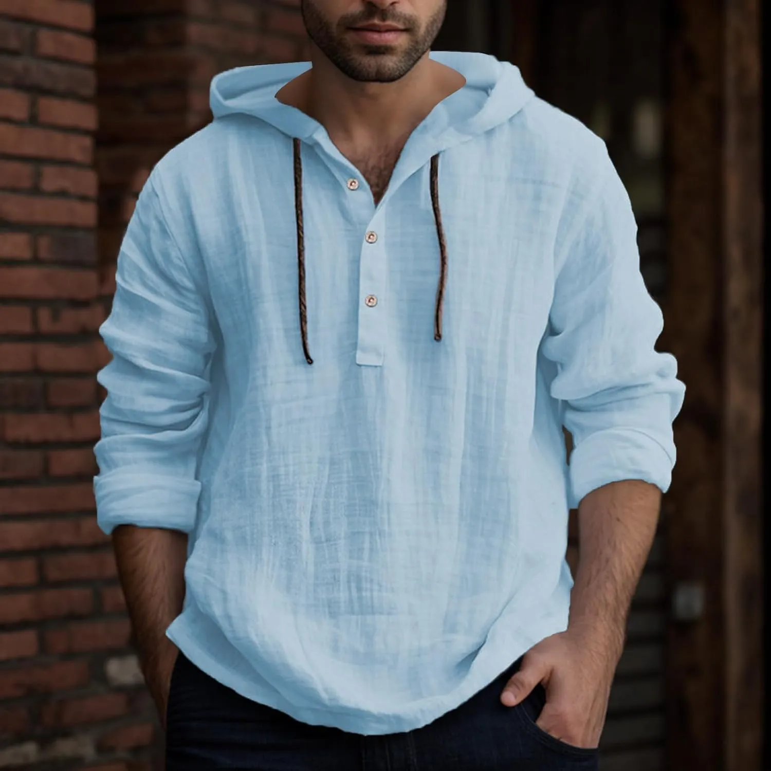 Linen Shirts for Men Lightweight Button Up Long Sleeve Shirts with Hood Casual Basic Loose Fit Breathable Boho Beach Shirt