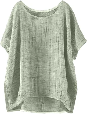 Linen Shirts for Women Summer Casual Bohemian Crewneck Short Sleeve Cute Tops Side Slit Loose Fit Comfy Gauze Blouse