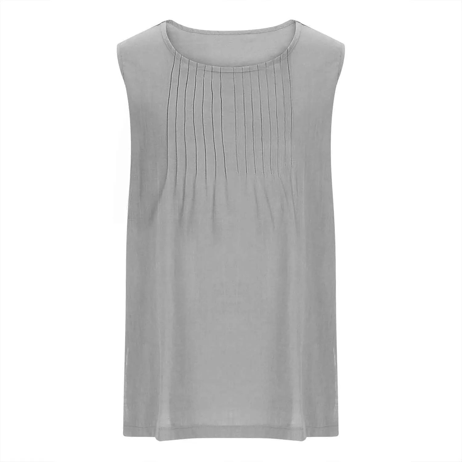Linen Tank Tops for Women Cotton Gauze Crewneck Pleated Front Sleeveless Plus Size Side Slit Summer Shirts