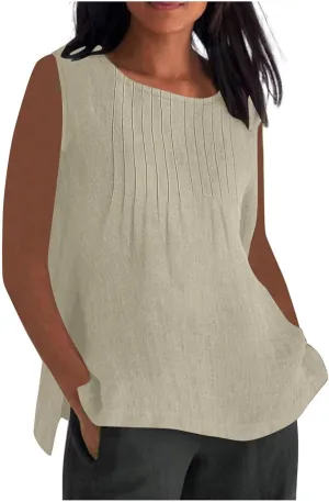 Linen Tank Tops for Women Cotton Gauze Crewneck Pleated Front Sleeveless Plus Size Side Slit Summer Shirts