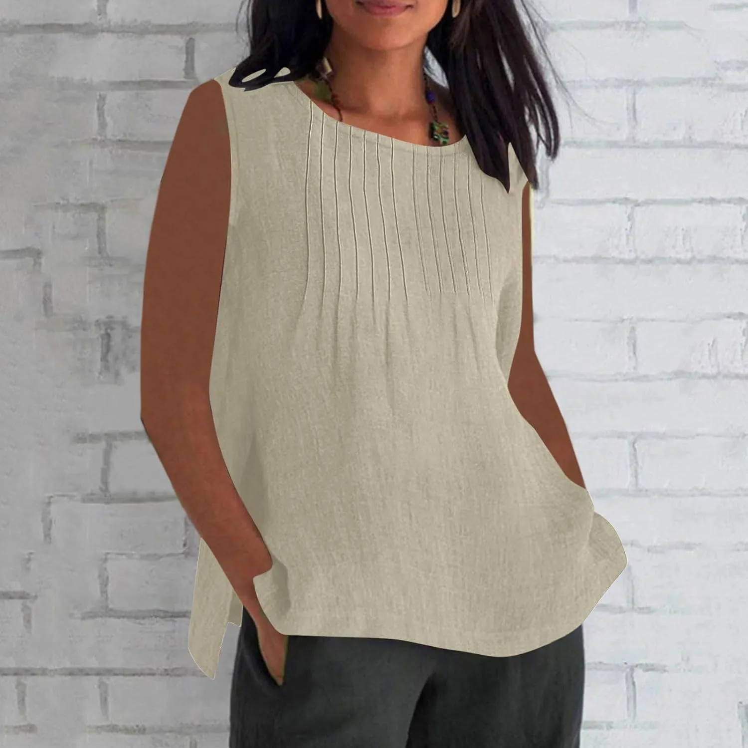 Linen Tank Tops for Women Cotton Gauze Crewneck Pleated Front Sleeveless Plus Size Side Slit Summer Shirts