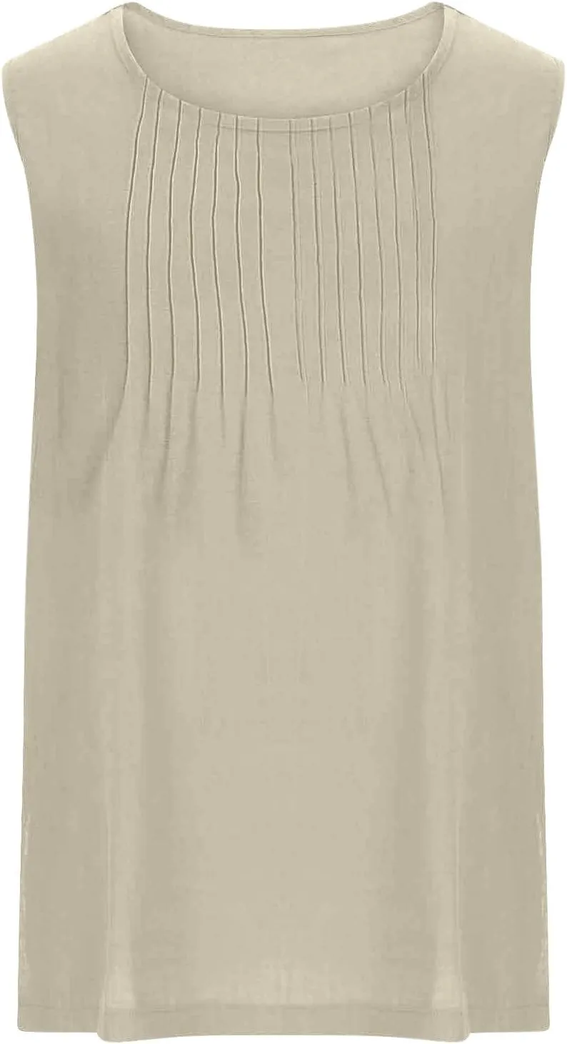 Linen Tank Tops for Women Cotton Gauze Crewneck Pleated Front Sleeveless Plus Size Side Slit Summer Shirts