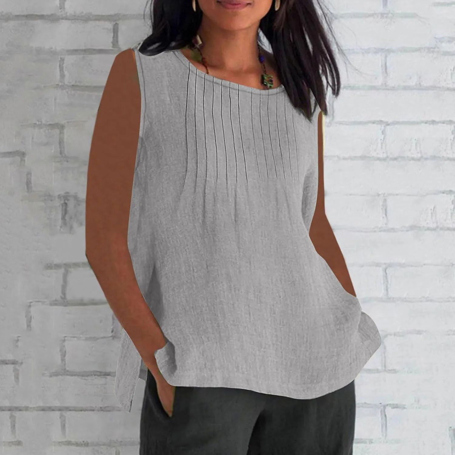 Linen Tank Tops for Women Cotton Gauze Crewneck Pleated Front Sleeveless Plus Size Side Slit Summer Shirts