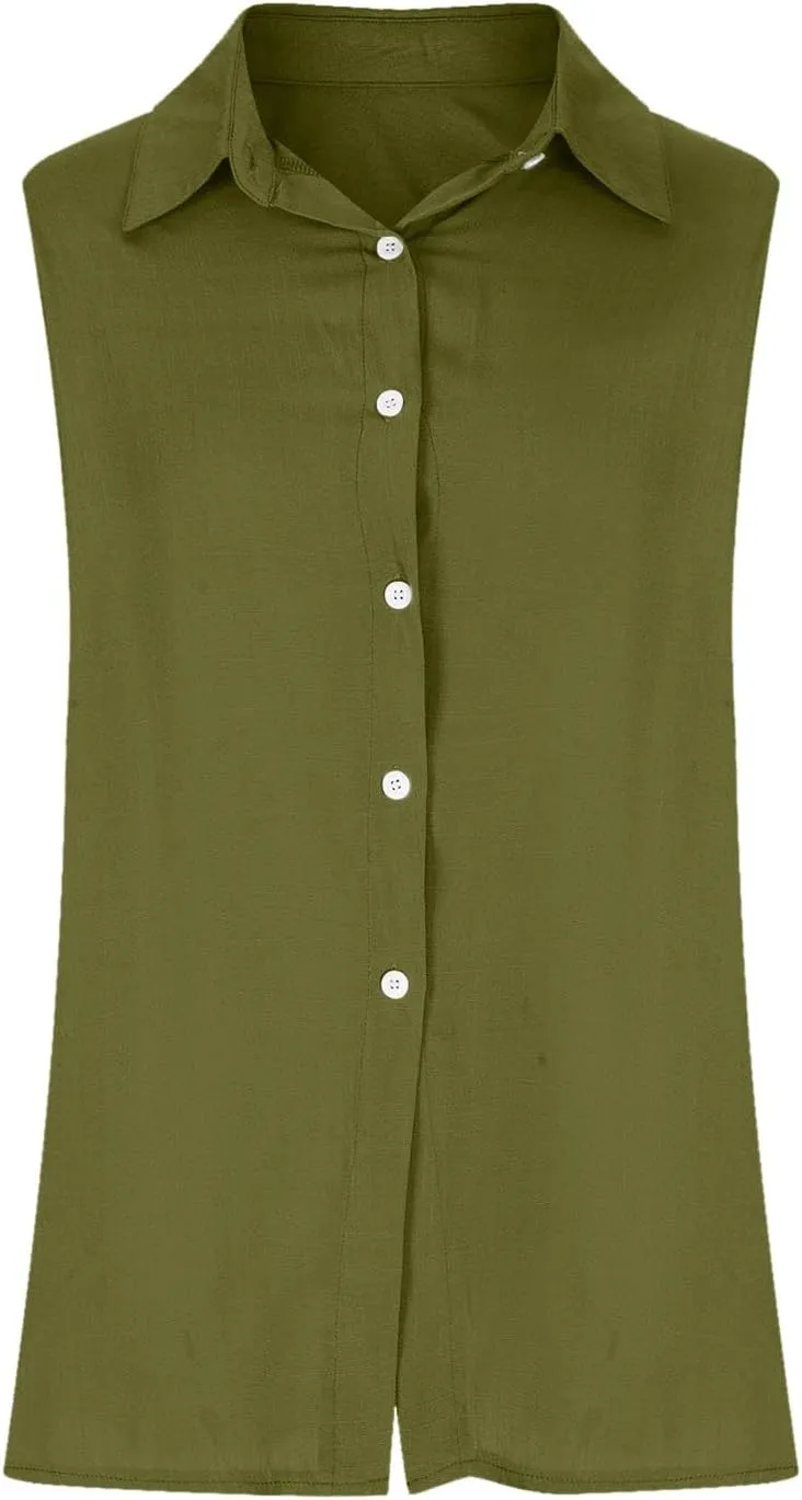 Linen Tank Tops for Women,Sleeveless Collared Button Shirts,White Linen Shirt Womens,Side Slit Casual Tees 2025 New