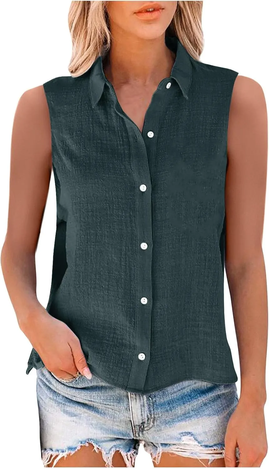 Linen Tank Tops for Women,Sleeveless Collared Button Shirts,White Linen Shirt Womens,Side Slit Casual Tees 2025 New