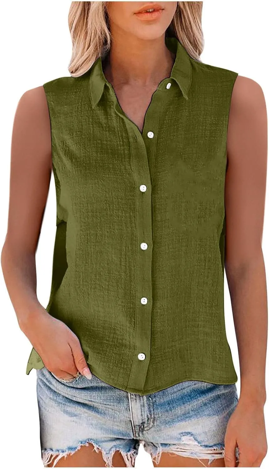 Linen Tank Tops for Women,Sleeveless Collared Button Shirts,White Linen Shirt Womens,Side Slit Casual Tees 2025 New