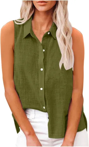 Linen Tank Tops for Women,Sleeveless Collared Button Shirts,White Linen Shirt Womens,Side Slit Casual Tees 2025 New