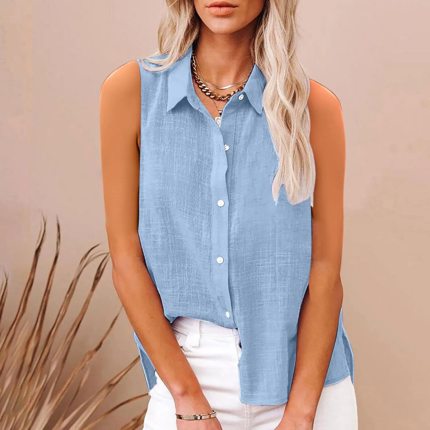 Linen Tank Tops for Women,Sleeveless Collared Button Shirts,White Linen Shirt Womens,Side Slit Casual Tees 2025 New