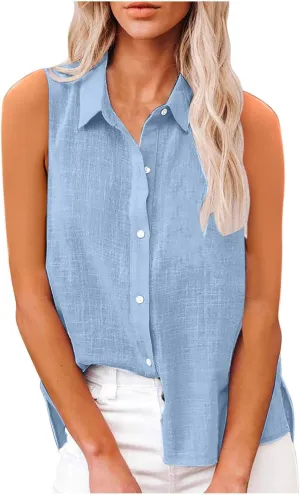 Linen Tank Tops for Women,Sleeveless Collared Button Shirts,White Linen Shirt Womens,Side Slit Casual Tees 2025 New