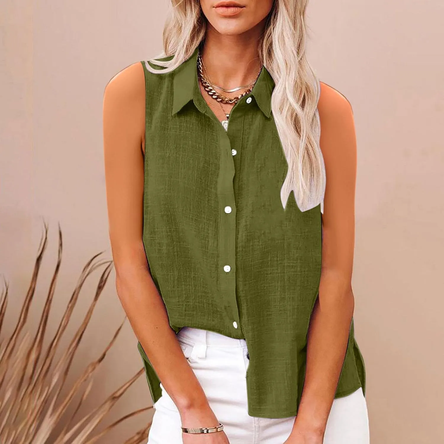 Linen Tank Tops for Women,Sleeveless Collared Button Shirts,White Linen Shirt Womens,Side Slit Casual Tees 2025 New