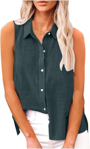 Linen Tank Tops for Women,Sleeveless Collared Button Shirts,White Linen Shirt Womens,Side Slit Casual Tees 2025 New