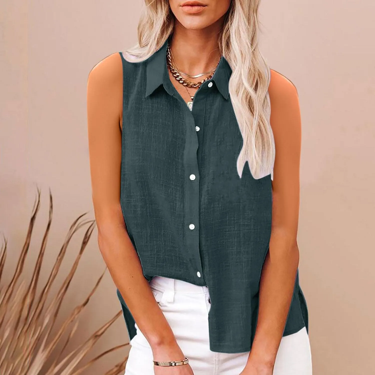 Linen Tank Tops for Women,Sleeveless Collared Button Shirts,White Linen Shirt Womens,Side Slit Casual Tees 2025 New