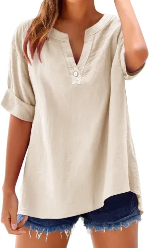 Linen Tops for Women Button Down V Neck Shirts Short Sleeve Dressy Casual Blouses Summer Work Tops Oversized Tshirts