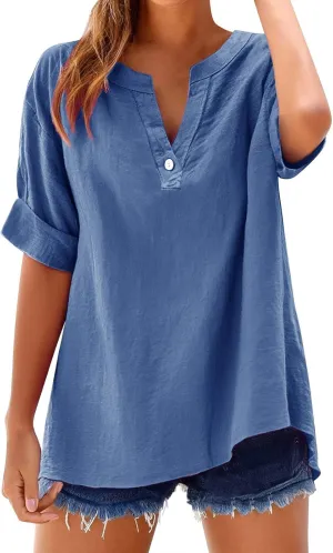 Linen Tops for Women Button Down V Neck Shirts Short Sleeve Dressy Casual Blouses Summer Work Tops Oversized Tshirts