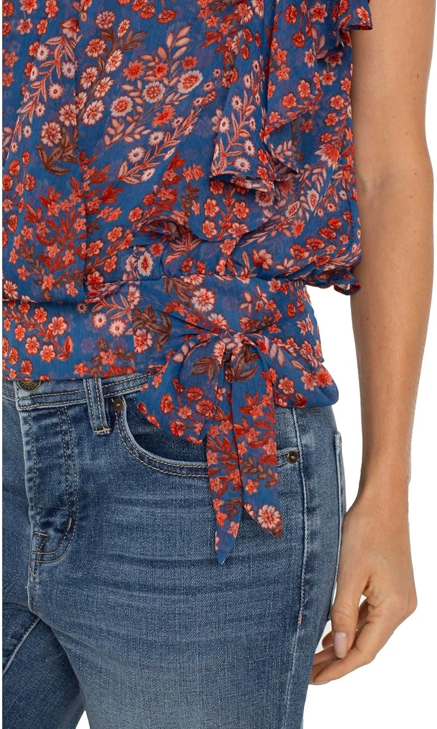 Liverpool Women's Petite Short Ruffle Sleeve Draped Front Woven Blouse