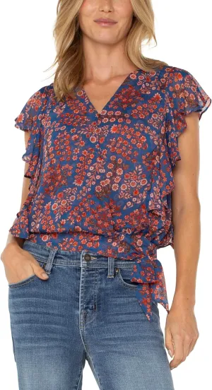 Liverpool Women's Petite Short Ruffle Sleeve Draped Front Woven Blouse