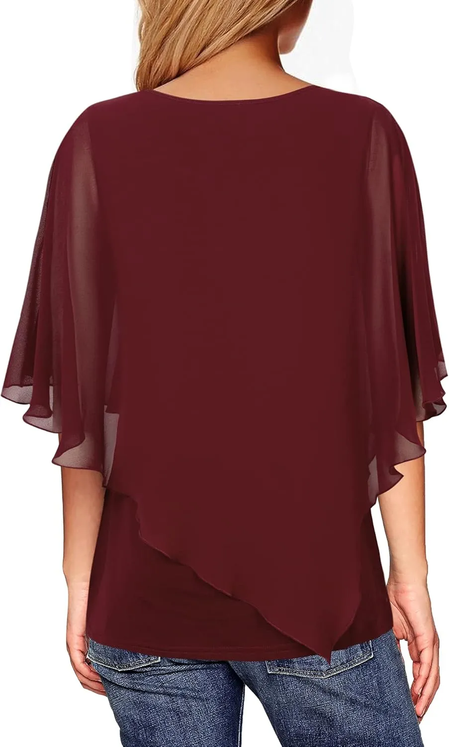 Lotusmile Women's Lightweight Flowy Shirt Double-Layered Printed Chiffon Poncho Blouse Top
