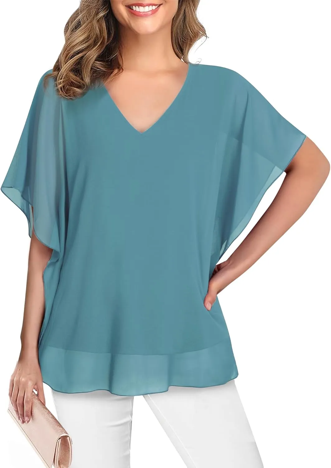 Lotusmile Women's Loose Flouncing Flutter Sleeve Double-Layered Shirt Chiffon Elegant Dressy Blouse Work Tops