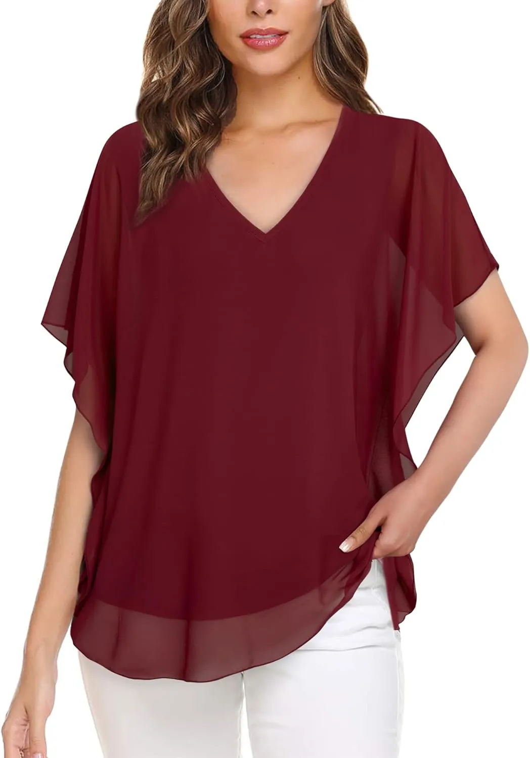 Lotusmile Women's Loose Flouncing Flutter Sleeve Double-Layered Shirt Chiffon Elegant Dressy Blouse Work Tops