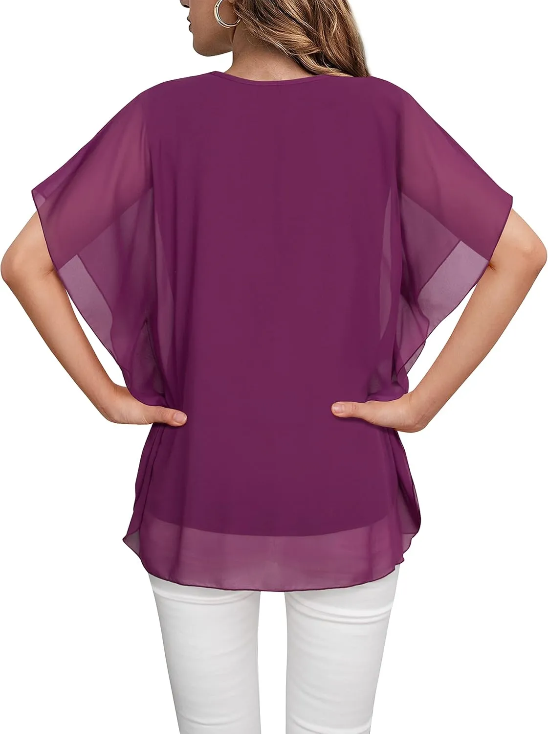 Lotusmile Women's Loose Flouncing Flutter Sleeve Double-Layered Shirt Chiffon Elegant Dressy Blouse Work Tops