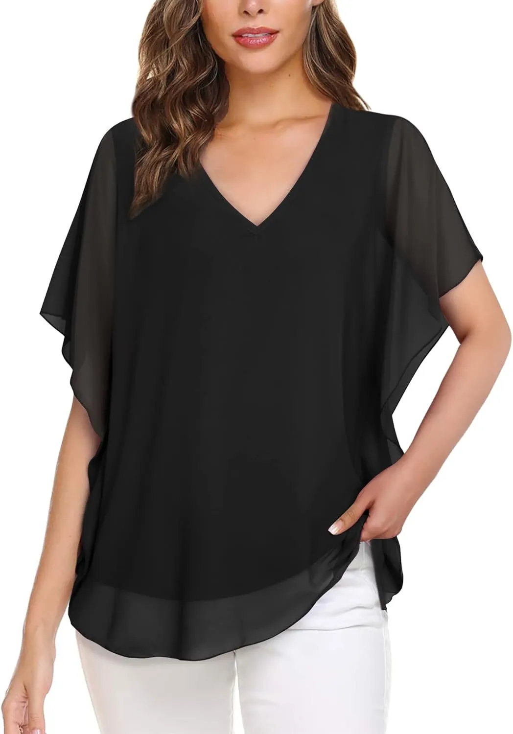Lotusmile Women's Loose Flouncing Flutter Sleeve Double-Layered Shirt Chiffon Elegant Dressy Blouse Work Tops