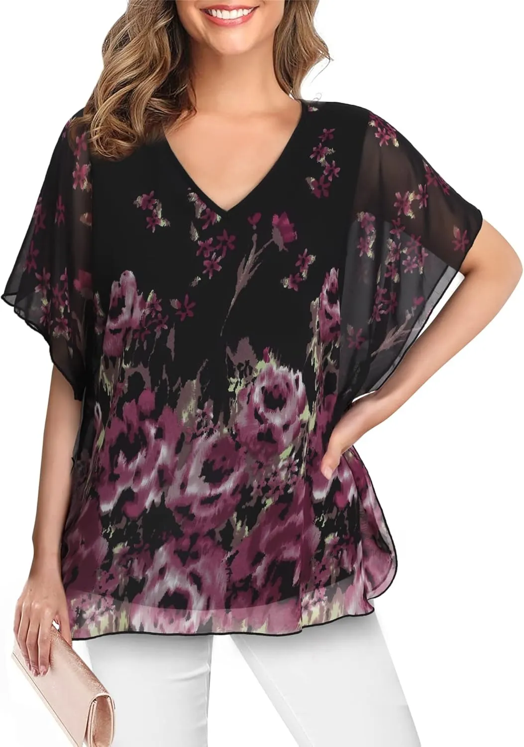 Lotusmile Women's Loose Flouncing Flutter Sleeve Double-Layered Shirt Chiffon Elegant Dressy Blouse Work Tops