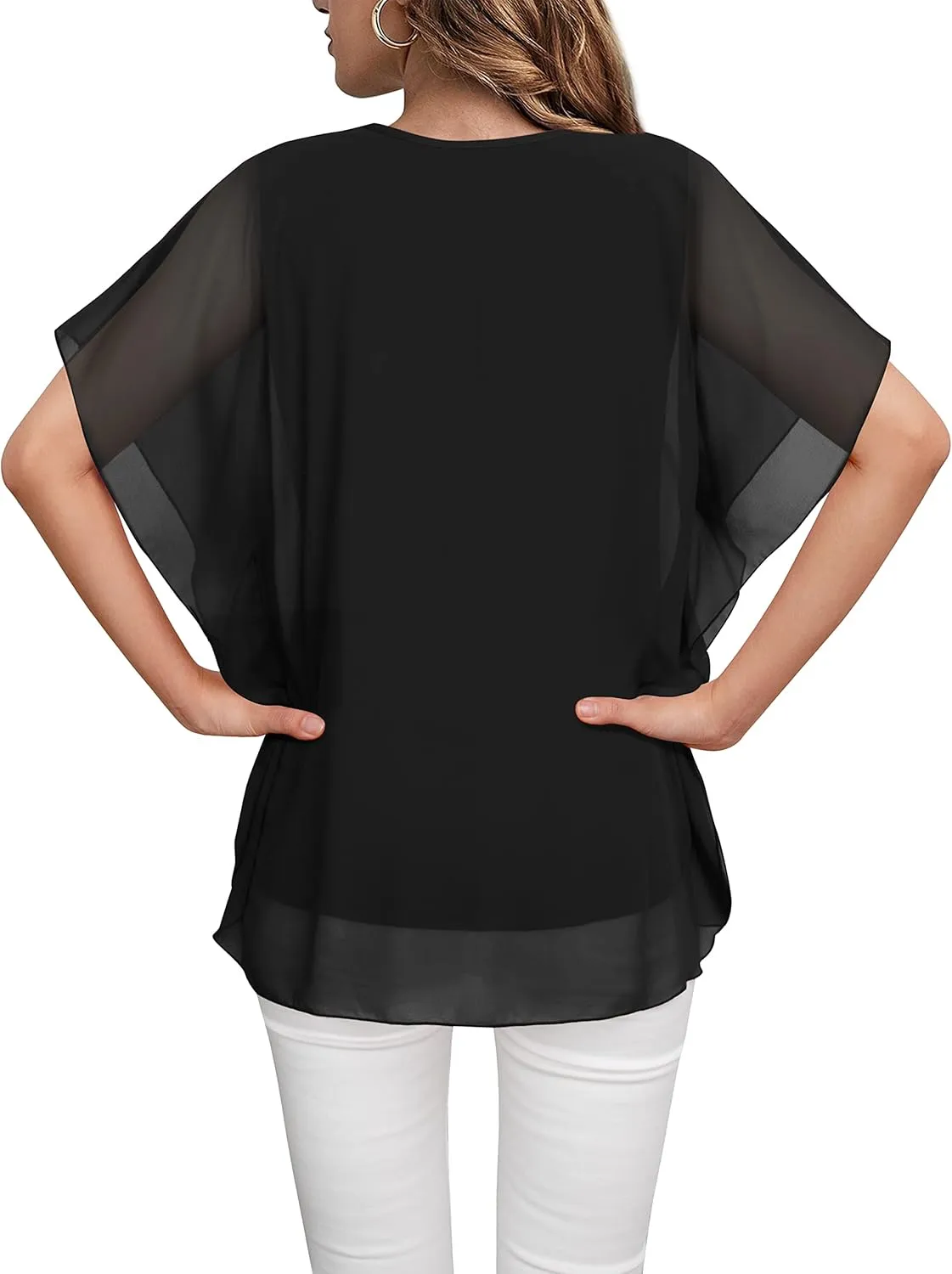Lotusmile Women's Loose Flouncing Flutter Sleeve Double-Layered Shirt Chiffon Elegant Dressy Blouse Work Tops