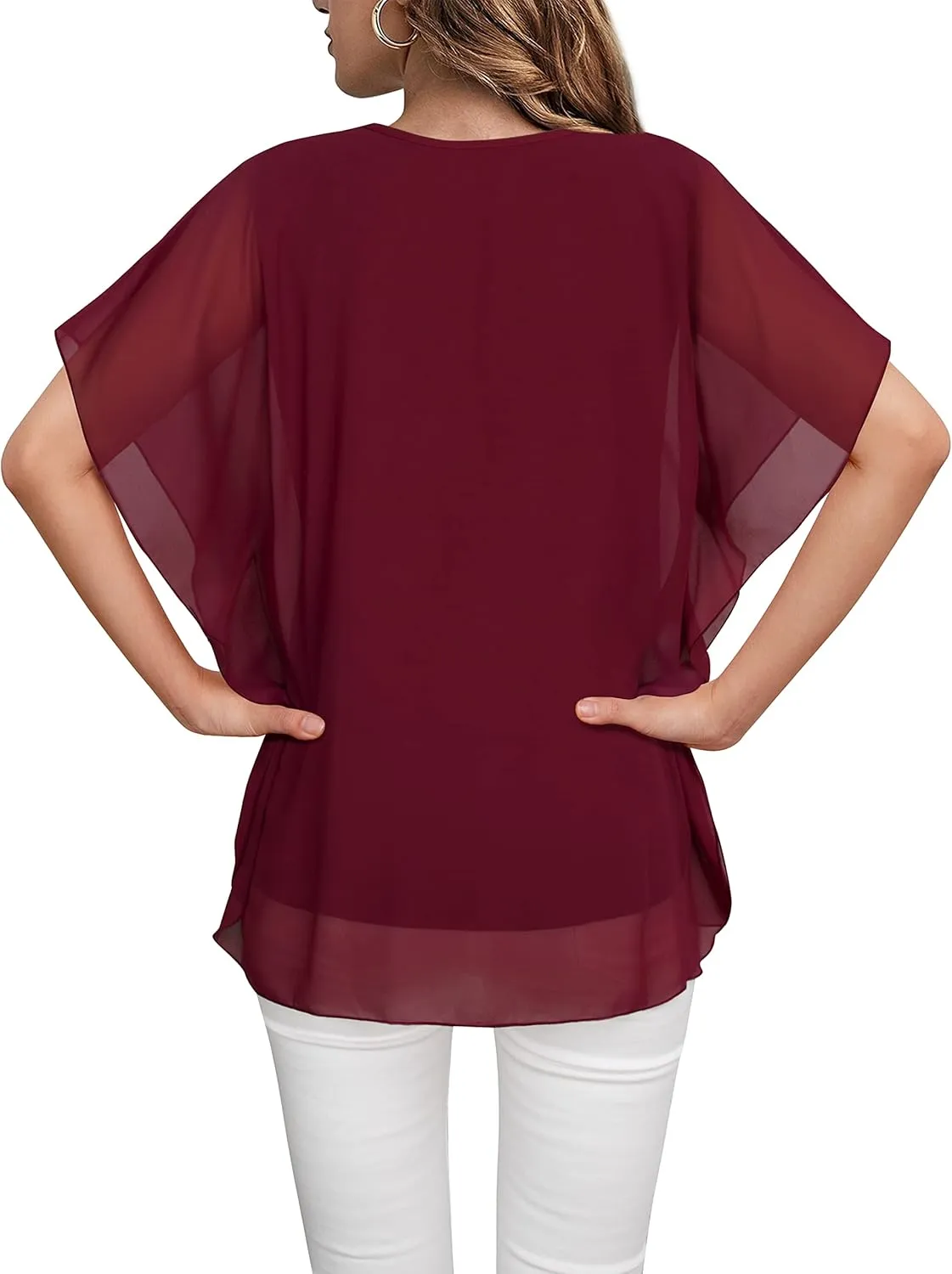 Lotusmile Women's Loose Flouncing Flutter Sleeve Double-Layered Shirt Chiffon Elegant Dressy Blouse Work Tops