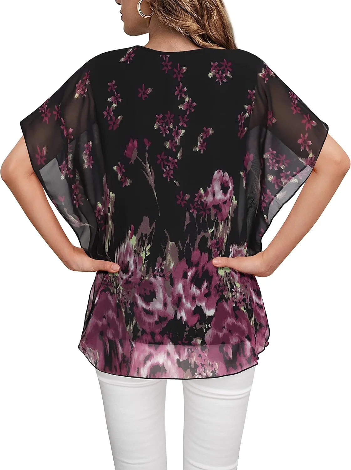 Lotusmile Women's Loose Flouncing Flutter Sleeve Double-Layered Shirt Chiffon Elegant Dressy Blouse Work Tops
