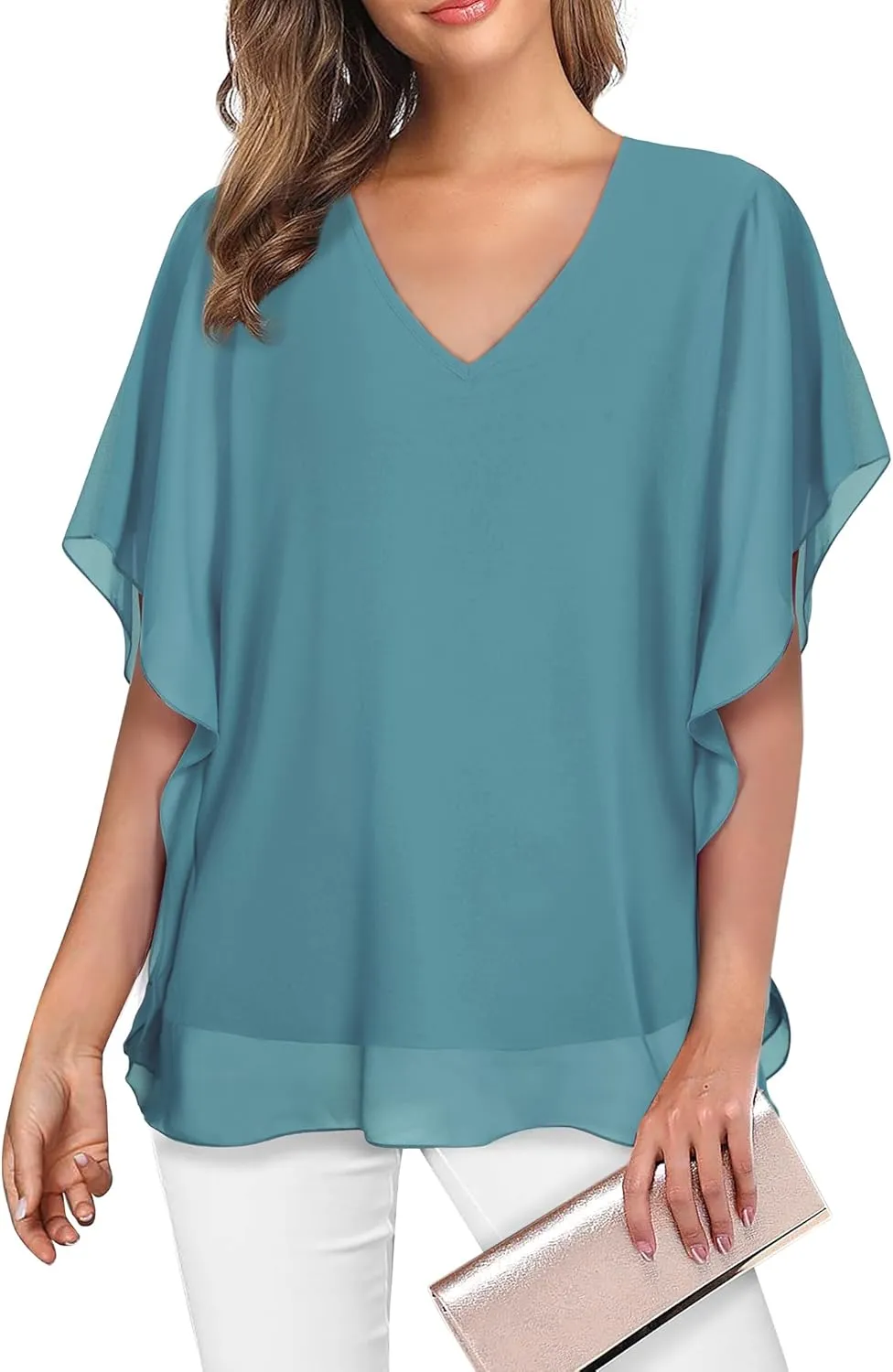 Lotusmile Women's Loose Flouncing Flutter Sleeve Double-Layered Shirt Chiffon Elegant Dressy Blouse Work Tops