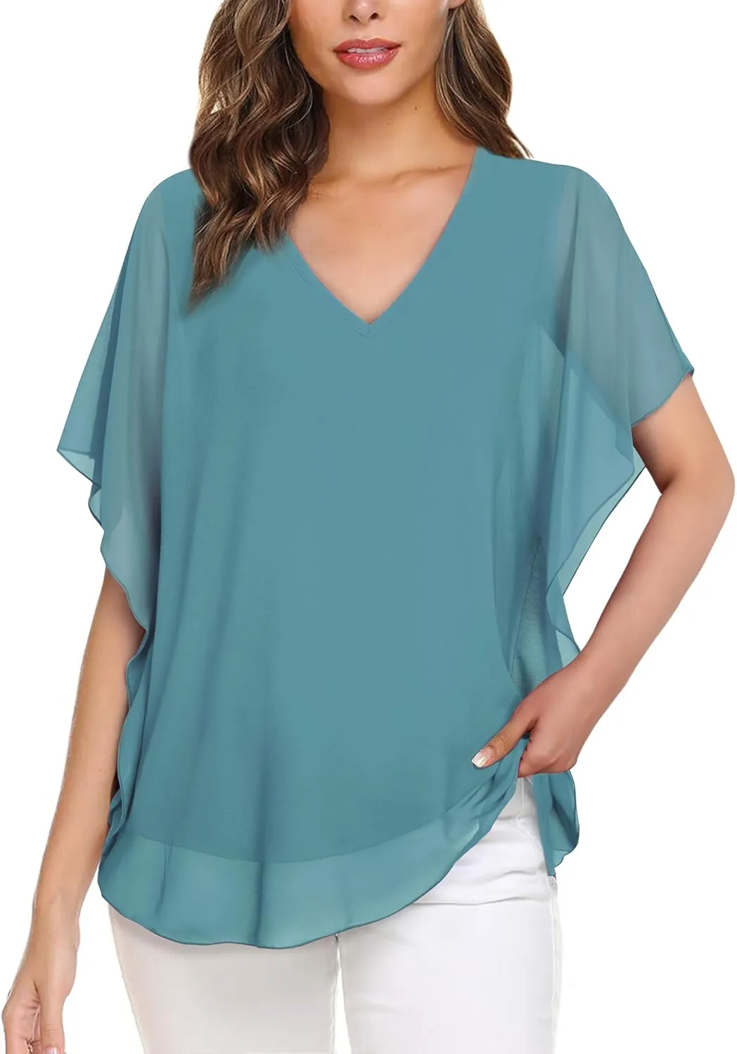 Lotusmile Women's Loose Flouncing Flutter Sleeve Double-Layered Shirt Chiffon Elegant Dressy Blouse Work Tops