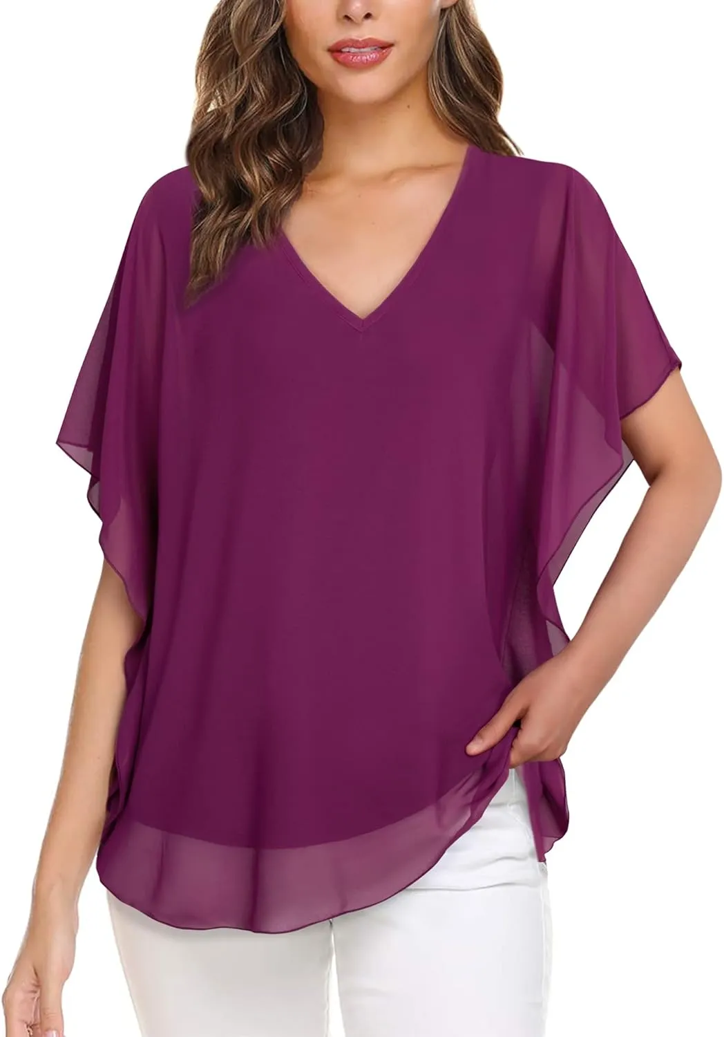 Lotusmile Women's Loose Flouncing Flutter Sleeve Double-Layered Shirt Chiffon Elegant Dressy Blouse Work Tops