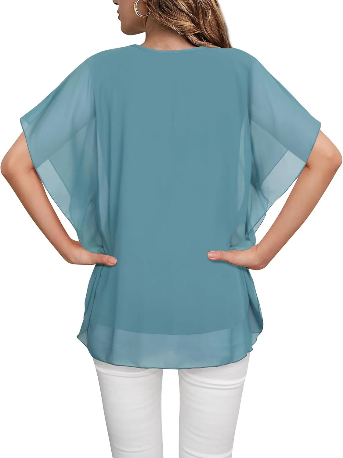 Lotusmile Women's Loose Flouncing Flutter Sleeve Double-Layered Shirt Chiffon Elegant Dressy Blouse Work Tops