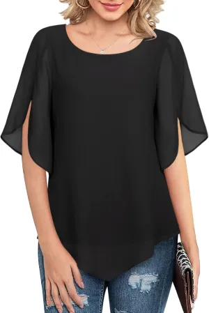 Lotusmile Women's Loose Half Split Sleeve Double-Layered Tops Chiffon Scoop Neck Dressy Blouse Flowy Shirts