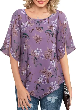 Lotusmile Women's Loose Half Split Sleeve Double-Layered Tops Chiffon Scoop Neck Dressy Blouse Flowy Shirts