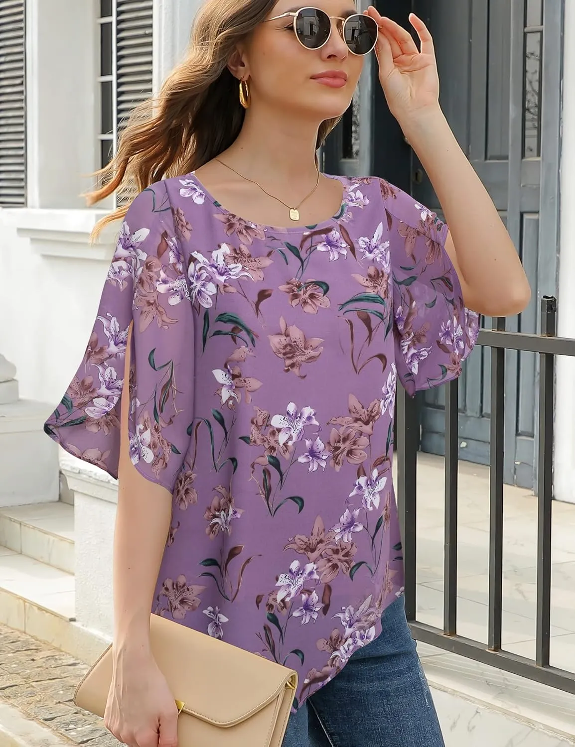 Lotusmile Women's Loose Half Split Sleeve Double-Layered Tops Chiffon Scoop Neck Dressy Blouse Flowy Shirts