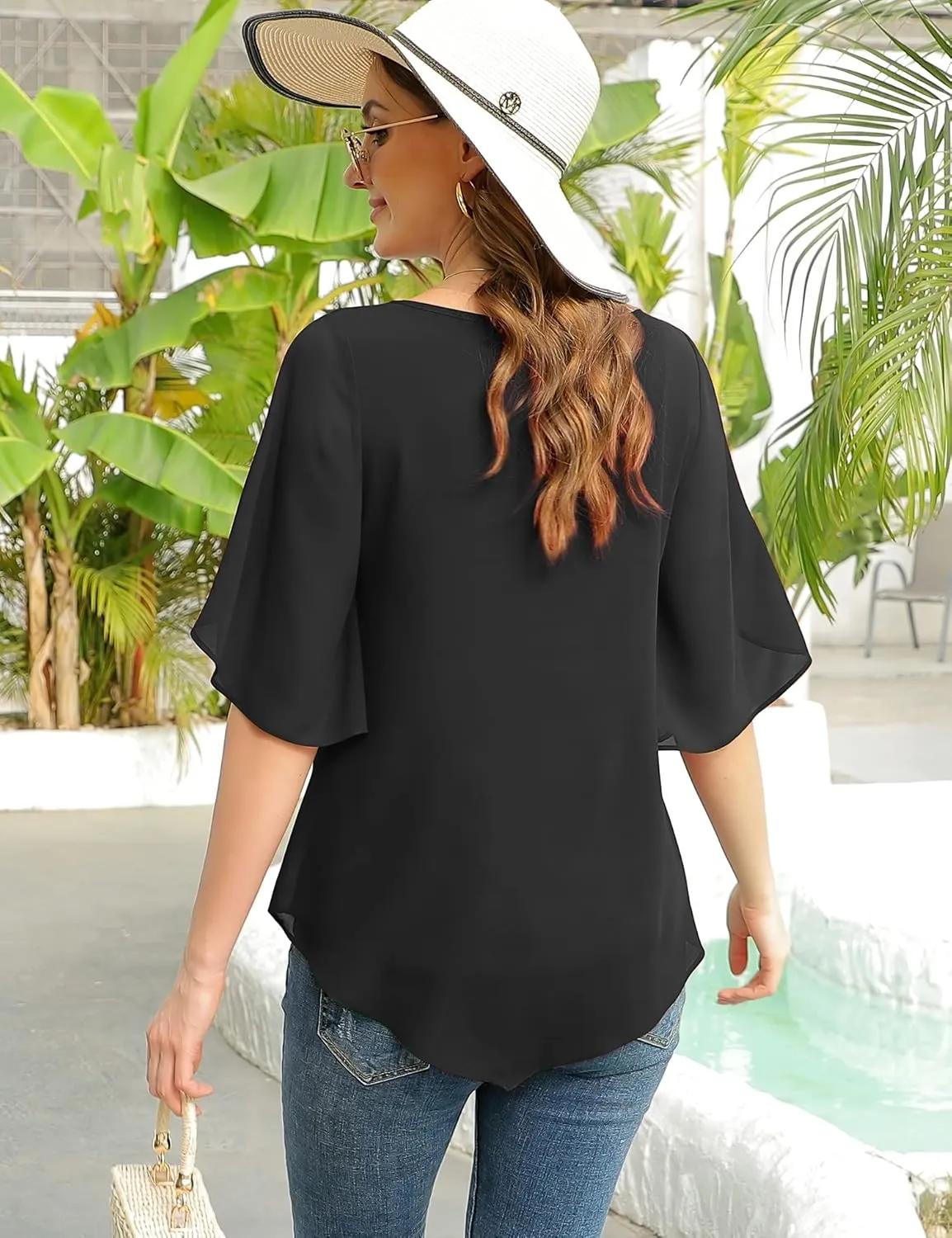 Lotusmile Women's Loose Half Split Sleeve Double-Layered Tops Chiffon Scoop Neck Dressy Blouse Flowy Shirts