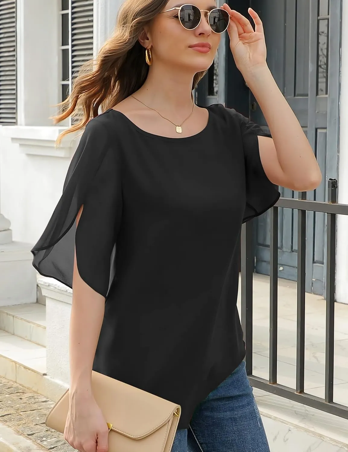 Lotusmile Women's Loose Half Split Sleeve Double-Layered Tops Chiffon Scoop Neck Dressy Blouse Flowy Shirts