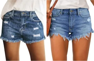 luvamia Women's Casual Denim Jean Shorts (2 PCS, Mid Rise   High Waisted, Blue, Medium)