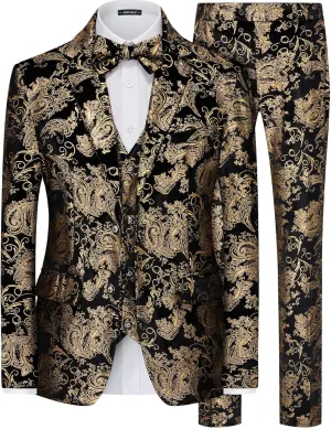 MAGE MALE Mens Suits Dress Floral Tuxedo Slim Fit 3 Piece Suit 2 Button Prom Party Blazer Vest Pants Set with Bow Tie