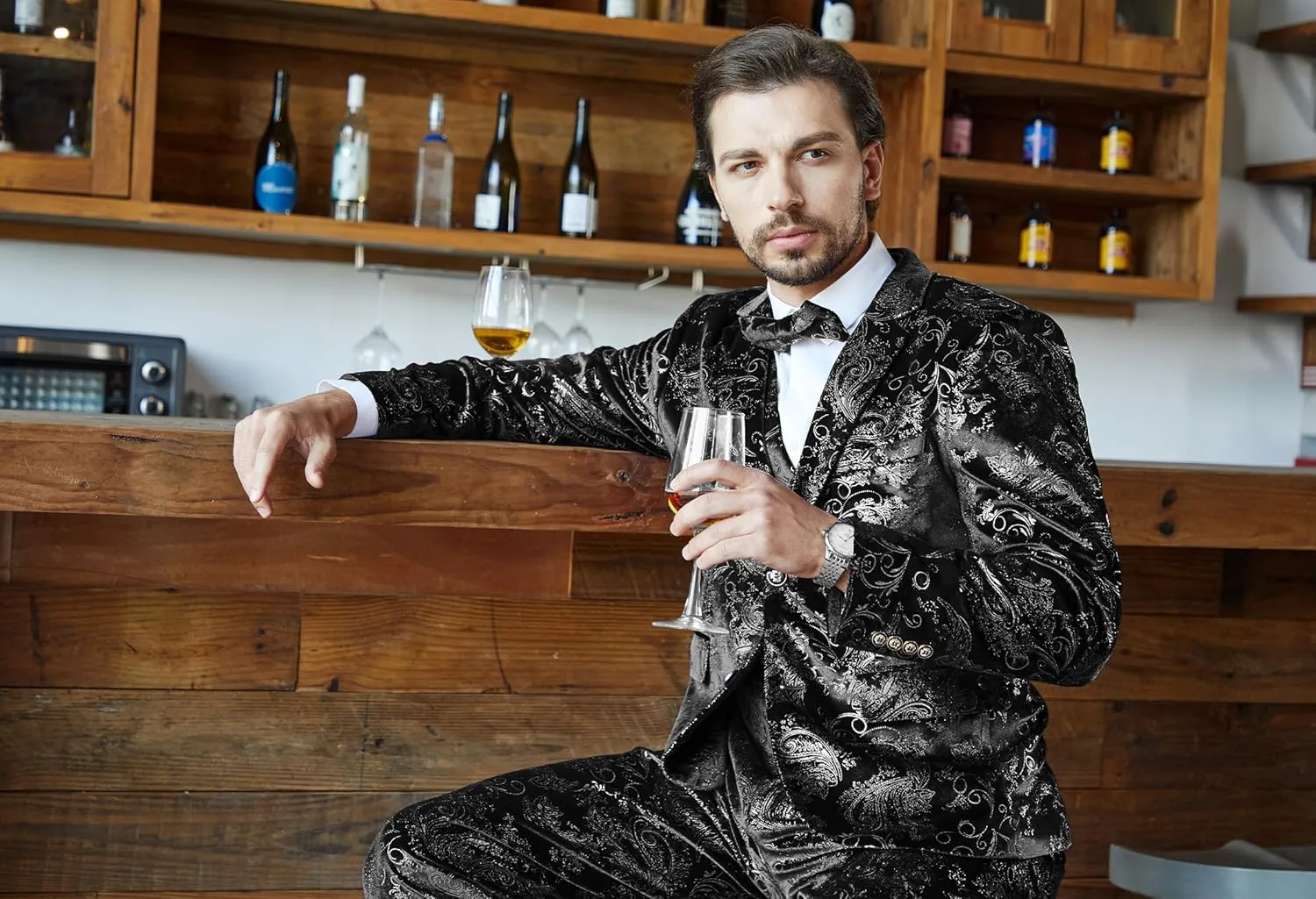 MAGE MALE Mens Suits Dress Floral Tuxedo Slim Fit 3 Piece Suit 2 Button Prom Party Blazer Vest Pants Set with Bow Tie