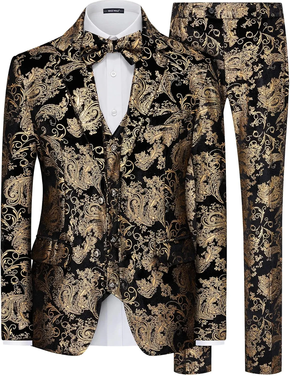 MAGE MALE Mens Suits Dress Floral Tuxedo Slim Fit 3 Piece Suit 2 Button Prom Party Blazer Vest Pants Set with Bow Tie